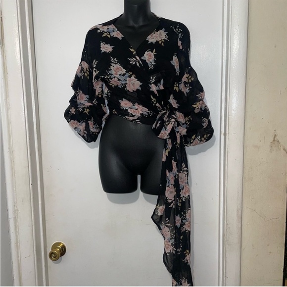 Truth Black and Pink Floral Wrap Blouse - Picture 1 of 4